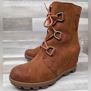 Sorel Joan of Arctic Wedge Chesnut Brown Leather Lace Up Boots Size 8